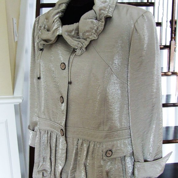 Elegant Beige Metallic Peplum Jacket Blazer L - Picture 2 of 8